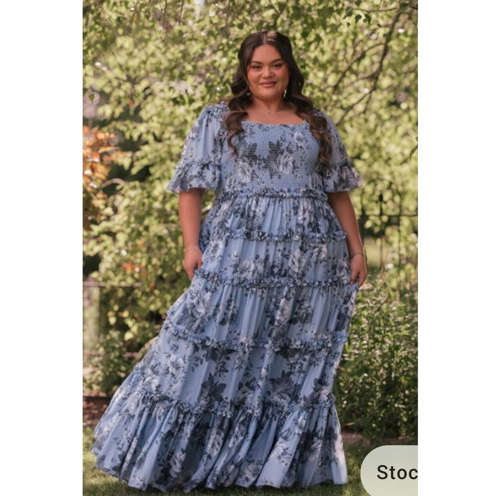 JessaKae Faeryn Maxi Dress 4X Floral Tiered Smocked Square Neck Dainty Cottage